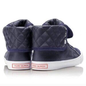 tory burch navy blue leather caspe high top sneaker foldable quilted lace up 9